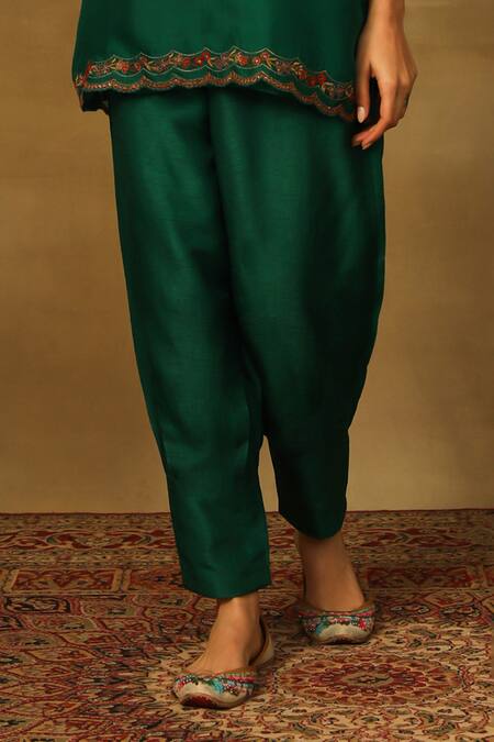 Buy_Neha Poddar_Green Organza, Silk Diamonds, Embroidery Round Flower Kurta Pleated Pant Set _Online_at_Aza_Fashions