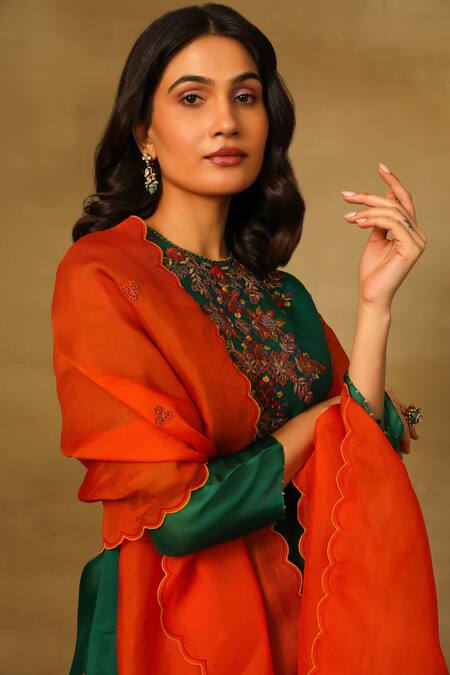 Shop_Neha Poddar_Green Organza, Silk Diamonds, Embroidery Round Flower Kurta Pleated Pant Set _Online_at_Aza_Fashions