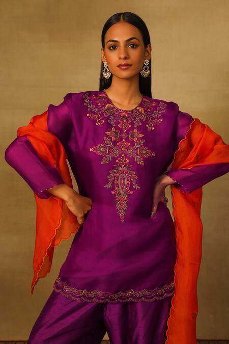 Neha Poddar Purple Organza, Silk Embroidery Round Neck Dabka Kurta Pleated Pant Set Online at Aza Fashions Neha Poddar_Purple Organza, Silk Embroidery Round Neck Dabka Kurta Pleated Pant Set _Online_at_Aza_Fashions