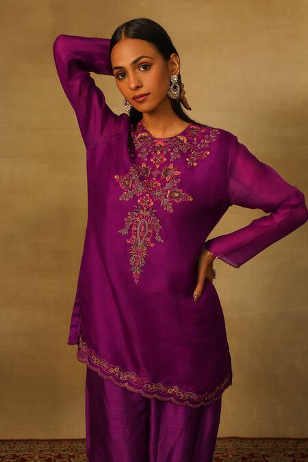 Buy Neha Poddar Purple Organza, Silk Embroidery Round Neck Dabka Kurta Pleated Pant Set Online at Aza Fashions Buy_Neha Poddar_Purple Organza, Silk Embroidery Round Neck Dabka Kurta Pleated Pant Set _Online_at_Aza_Fashions