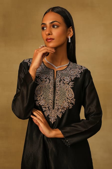 Neha Poddar_Black Denim, Silk Embroidery Round Neck Yoke Kurta With Pleated Pant _Online_at_Aza_Fashions