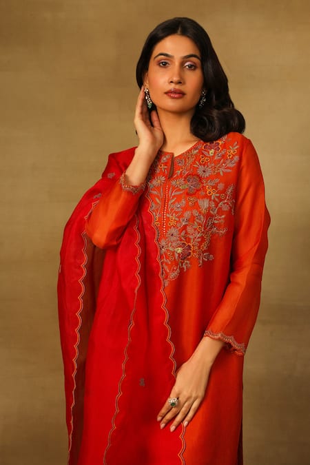 Neha Poddar Orange Organza, Silk Embroidery, Diamonds Round Flower Bodice Kurta Pant Set Online at Aza Fashions Neha Poddar_Orange Organza, Silk Embroidery, Diamonds Round Flower Bodice Kurta Pant Set _Online_at_Aza_Fashions