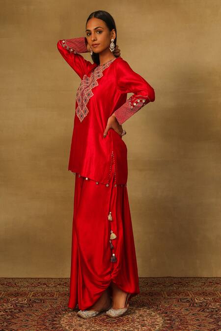 Neha Poddar_Red Silk, Satin Embroidery Round Neck Abstract Kurta With Skirt _Online_at_Aza_Fashions