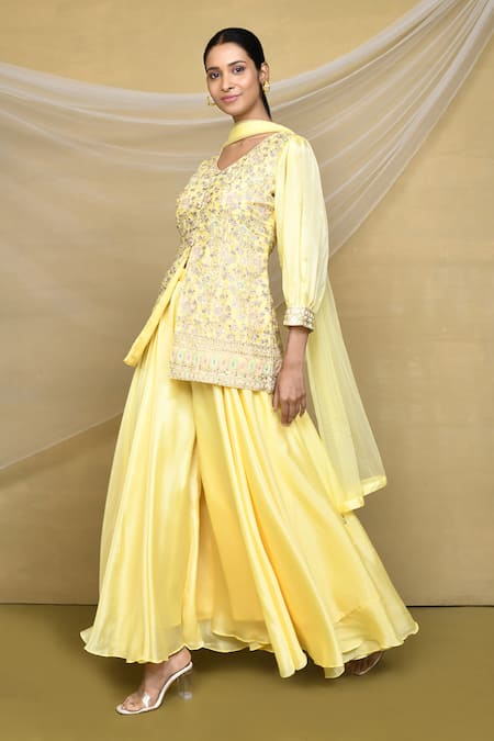 Samyukta Singhania Yellow Kurta And Palazzo Silk Embroidered Thread V Neck Sequins Set 