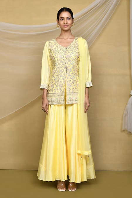 Buy_Samyukta Singhania_Yellow Silk, Georgette, Crepe Sequins, Zari V-neck Embroidered Kurta Palazzo Set _Online_at_Aza_Fashions