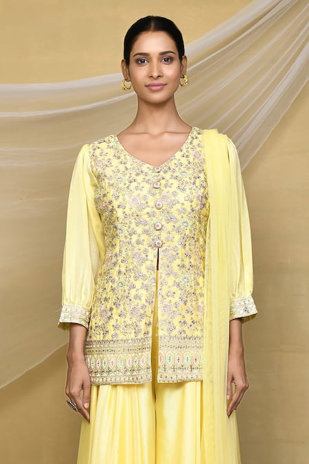 Shop_Samyukta Singhania_Yellow Silk, Georgette, Crepe Sequins, Zari V-neck Embroidered Kurta Palazzo Set _Online_at_Aza_Fashions