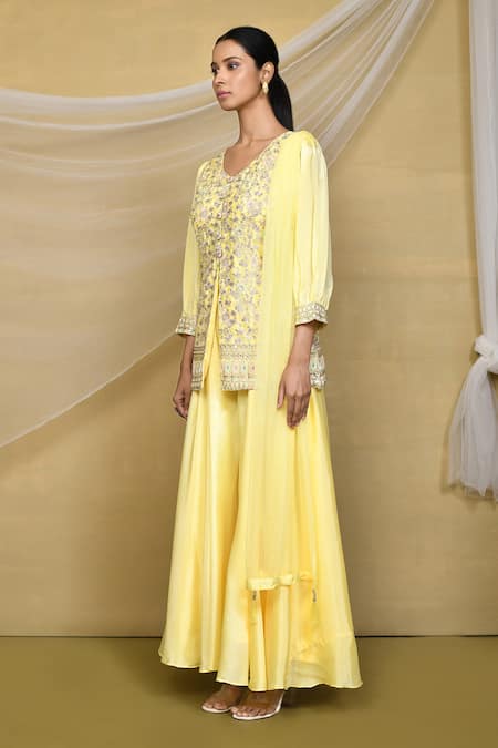 Samyukta Singhania_Yellow Silk, Georgette, Crepe Sequins, Zari V-neck Embroidered Kurta Palazzo Set _at_Aza_Fashions