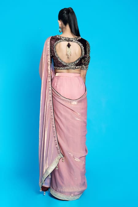 Aurouss Pink Pre-Draped Saree With Velvet Blouse 