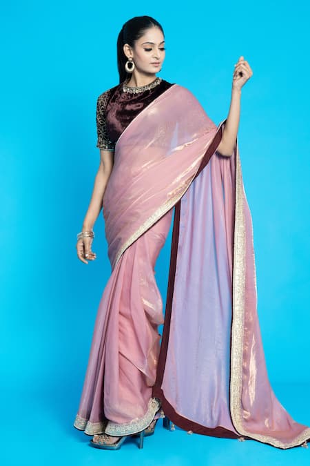 Aurouss_Pink Tissue, Velvet Sequins, Zari, Embroidery Pre-draped Saree With Blouse _Online_at_Aza_Fashions