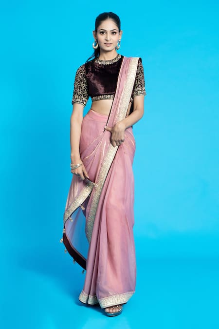 Buy_Aurouss_Pink Tissue, Velvet Sequins, Zari, Embroidery Pre-draped Saree With Blouse _Online_at_Aza_Fashions