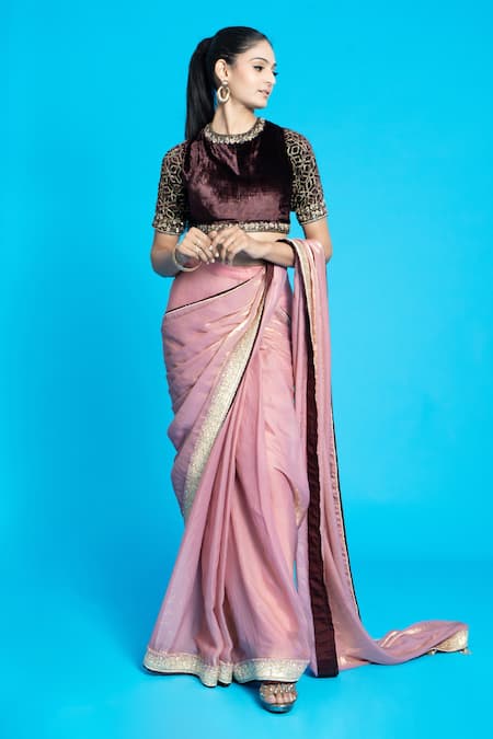 Aurouss_Pink Tissue, Velvet Sequins, Zari, Embroidery Pre-draped Saree With Blouse _at_Aza_Fashions