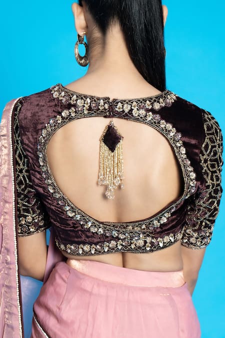 Buy_Aurouss_Pink Tissue, Velvet Sequins, Zari, Embroidery Pre-draped Saree With Blouse 