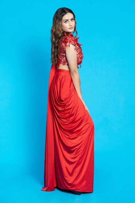 Aurouss Red Organza, Lycra Sequins, Embroidery, Cut Pre-draped Saree With Tonal Blouse Online at Aza Fashions Aurouss_Red Organza, Lycra Sequins, Embroidery, Cut Pre-draped Saree With Tonal Blouse _Online_at_Aza_Fashions