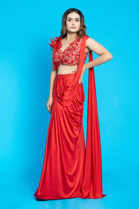 Buy Aurouss Red Organza, Lycra Sequins, Embroidery, Cut Pre-draped Saree With Tonal Blouse Online at Aza Fashions Buy_Aurouss_Red Organza, Lycra Sequins, Embroidery, Cut Pre-draped Saree With Tonal Blouse _Online_at_Aza_Fashions