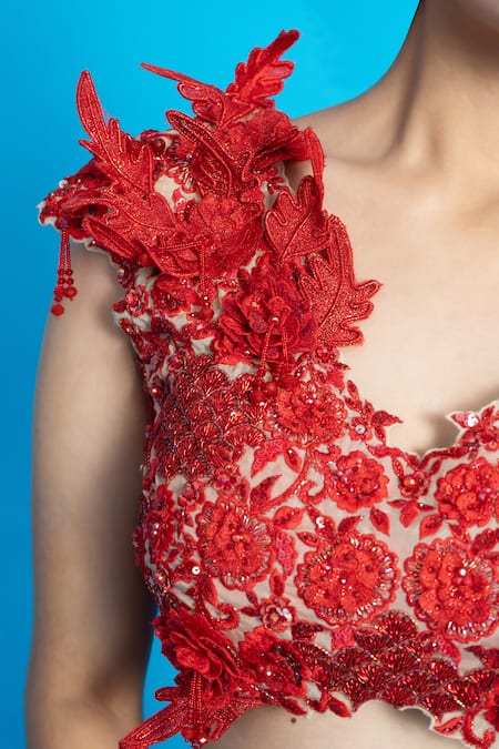 Buy Aurouss Red Organza, Lycra Sequins, Embroidery, Cut Pre-draped Saree With Tonal Blouse Buy_Aurouss_Red Organza, Lycra Sequins, Embroidery, Cut Pre-draped Saree With Tonal Blouse