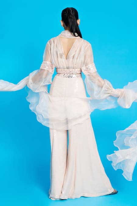 Shop_Aurouss_Peach Water Sequin Embroidery Mirror Jacket V Neck Work Palazzo Set _at_Aza_Fashions
