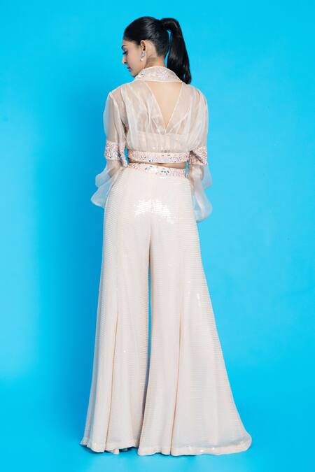 Buy_Aurouss_Peach Water Sequin Embroidery Mirror Jacket V Neck Work Palazzo Set 