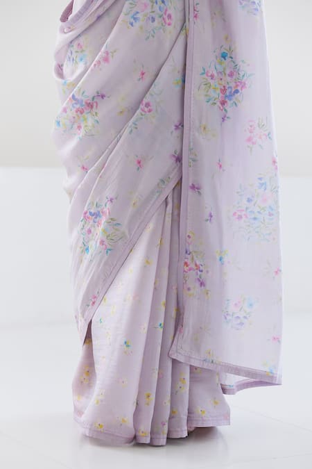 Surmaye_Purple Handloom Cotton Picnic Daydream Floral Print Saree _Online_at_Aza_Fashions