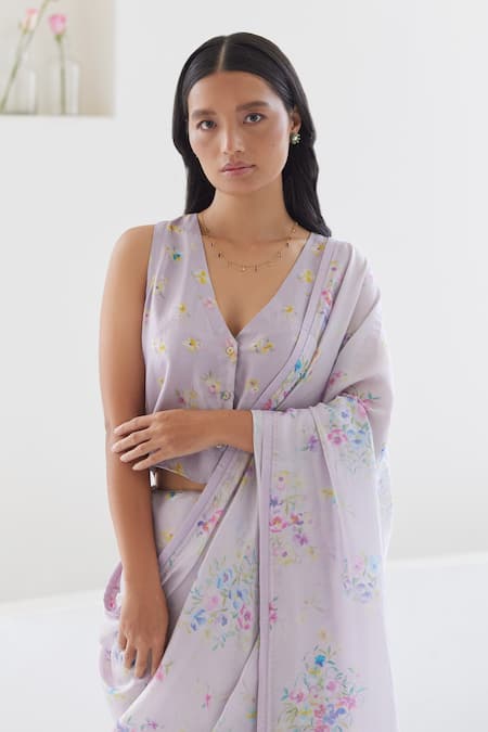 Buy_Surmaye_Purple Handloom Cotton Picnic Daydream Floral Print Saree _Online_at_Aza_Fashions