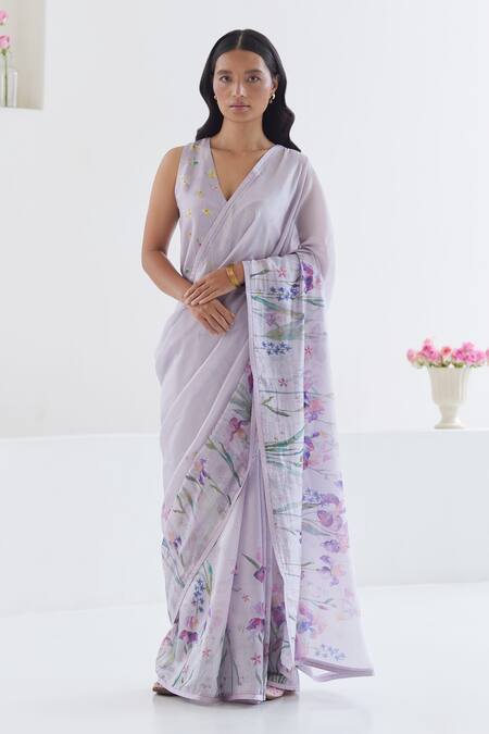 Surmaye Purple Handloom Cotton Cherished Times Iris Flower Pattern Saree 