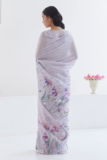 Shop Surmaye Purple Handloom Cotton Cherished Times Iris Flower Pattern Saree at Aza Fashions Shop_Surmaye_Purple Handloom Cotton Cherished Times Iris Flower Pattern Saree _at_Aza_Fashions