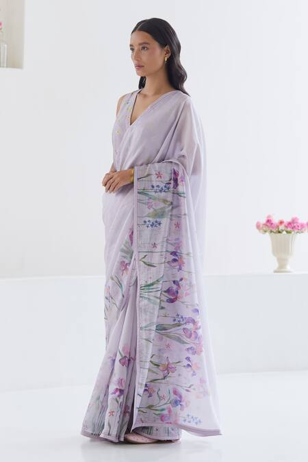 Surmaye Purple Handloom Cotton Cherished Times Iris Flower Pattern Saree Online at Aza Fashions Surmaye_Purple Handloom Cotton Cherished Times Iris Flower Pattern Saree _Online_at_Aza_Fashions