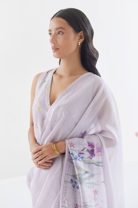 Shop Surmaye Purple Handloom Cotton Cherished Times Iris Flower Pattern Saree Online at Aza Fashions Shop_Surmaye_Purple Handloom Cotton Cherished Times Iris Flower Pattern Saree _Online_at_Aza_Fashions