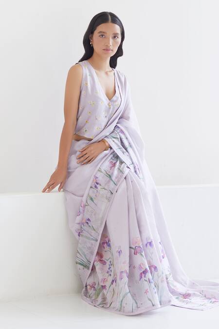 Surmaye Purple Handloom Cotton Cherished Times Iris Flower Pattern Saree at Aza Fashions Surmaye_Purple Handloom Cotton Cherished Times Iris Flower Pattern Saree _at_Aza_Fashions