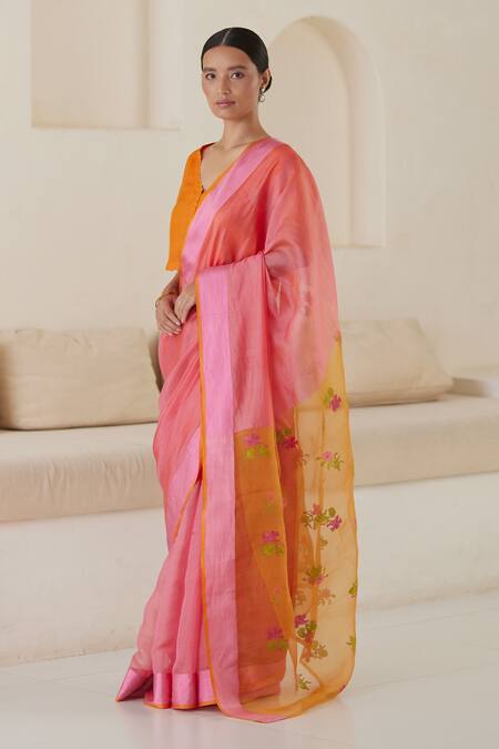 Surmaye_Pink Handloom Cotton Embroidery Shared Stories Jamdani Saree _Online_at_Aza_Fashions