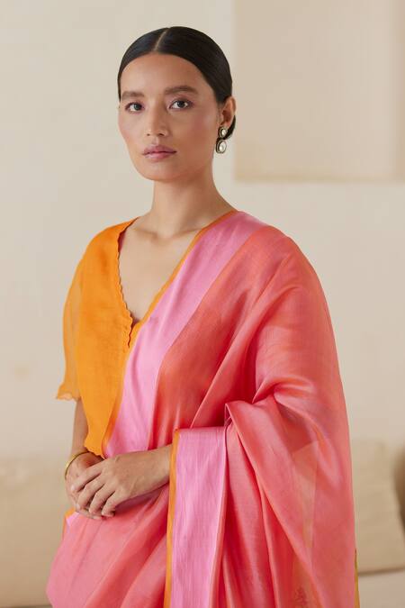 Shop_Surmaye_Pink Handloom Cotton Embroidery Shared Stories Jamdani Saree _Online_at_Aza_Fashions