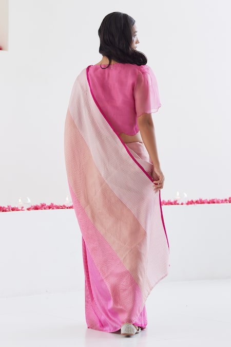 Shop_Surmaye_Pink Silk Memoirs Striped Gradient Saree _at_Aza_Fashions