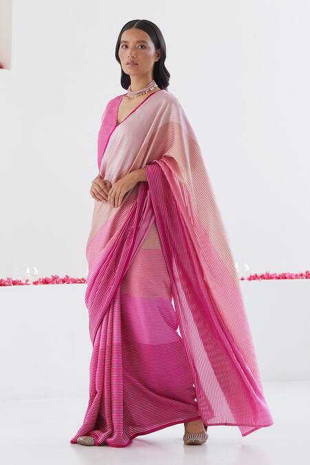 Surmaye_Pink Silk Memoirs Striped Gradient Saree _Online_at_Aza_Fashions