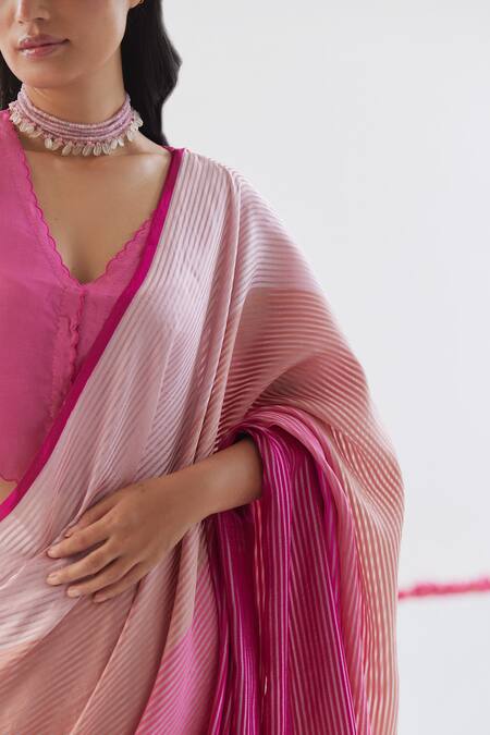 Shop_Surmaye_Pink Silk Memoirs Striped Gradient Saree _Online_at_Aza_Fashions