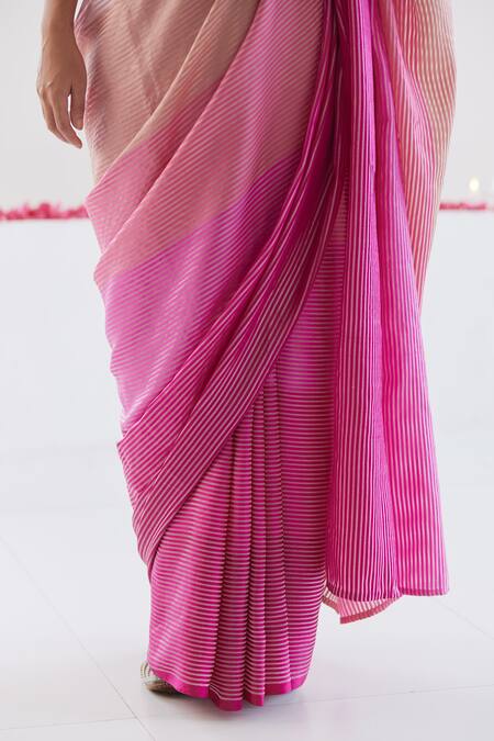 Surmaye_Pink Silk Memoirs Striped Gradient Saree _at_Aza_Fashions