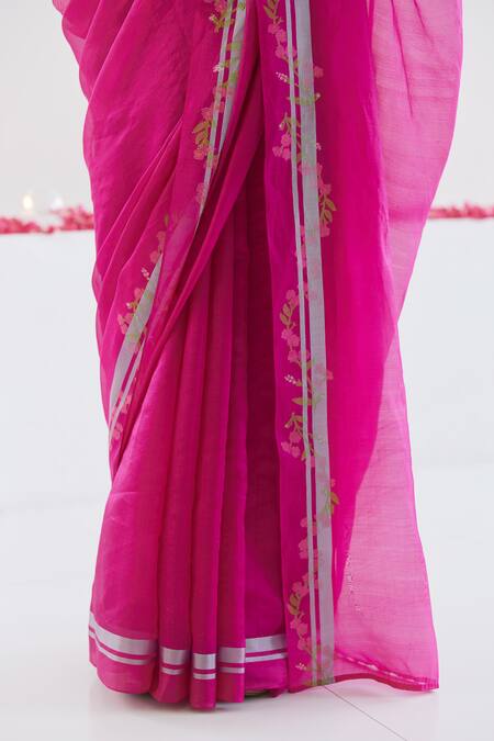 Surmaye_Pink Silk Embroidery Nostalgic Embrace Jamdani Saree _Online_at_Aza_Fashions