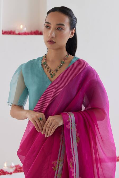 Surmaye_Pink Silk Embroidery Nostalgic Embrace Jamdani Saree _at_Aza_Fashions