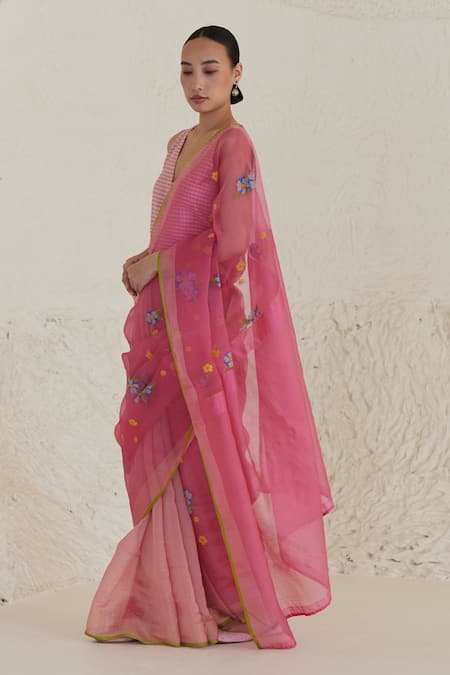 Surmaye_Pink Silk, Organza Embroidery Indulgence Jamdani Saree _Online_at_Aza_Fashions