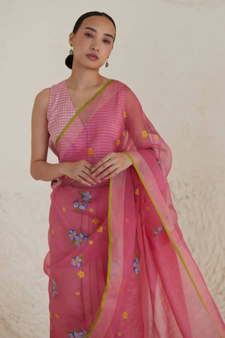 Shop_Surmaye_Pink Silk, Organza Embroidery Indulgence Jamdani Saree _Online_at_Aza_Fashions