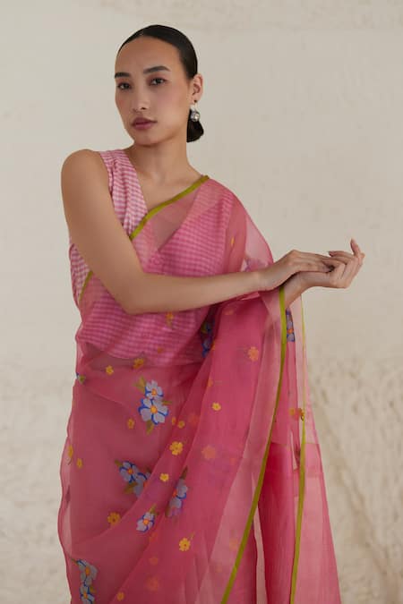 Surmaye_Pink Silk, Organza Embroidery Indulgence Jamdani Saree _at_Aza_Fashions