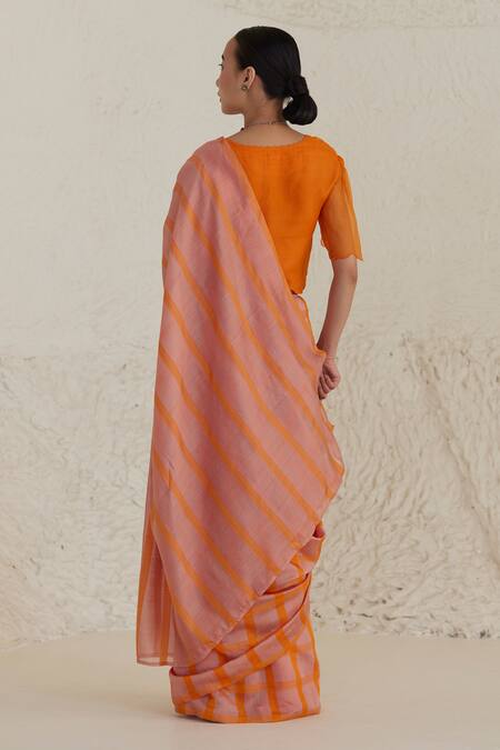 Shop_Surmaye_Pink Handloom Cotton Hopscotch Checkered Saree _at_Aza_Fashions