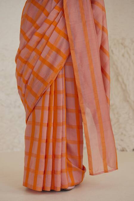 Surmaye_Pink Handloom Cotton Hopscotch Checkered Saree _Online_at_Aza_Fashions