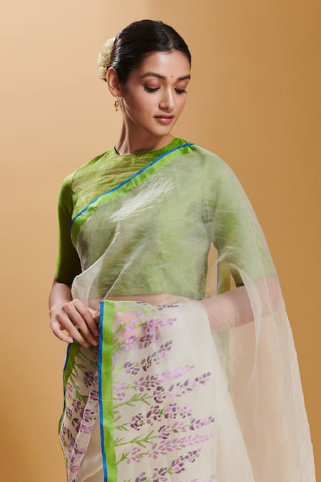 Surmaye_White Handloom Cotton Field Border Woven Jamdani Saree_Online_at_Aza_Fashions