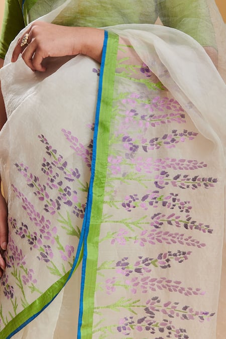 Buy_Surmaye_White Handloom Cotton Field Border Woven Jamdani Saree_Online_at_Aza_Fashions