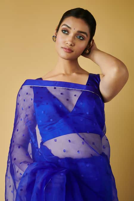 Shop_Surmaye_Blue Handloom Cotton Embroidery Wildflower Meadow Silk Jamdani Woven Saree _Online_at_Aza_Fashions