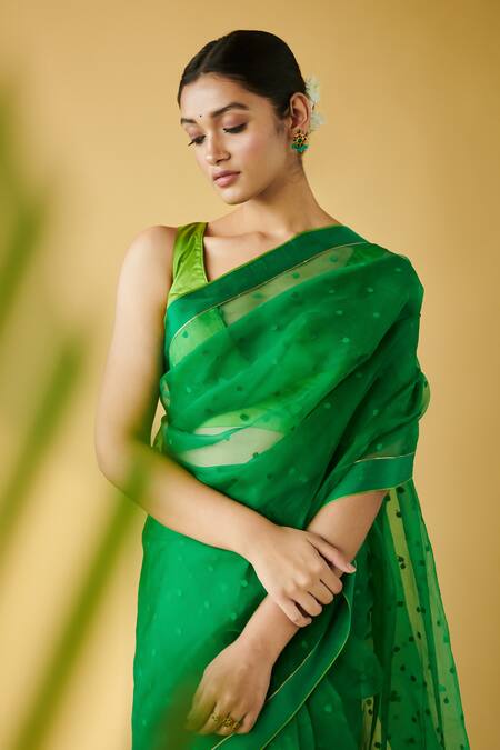 Surmaye_Green Handloom Cotton, Silk Wildflower Meadow Jamdani Handwoven Saree _Online_at_Aza_Fashions