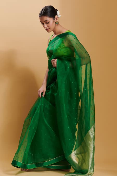 Buy_Surmaye_Green Handloom Cotton, Silk Wildflower Meadow Jamdani Handwoven Saree _Online_at_Aza_Fashions
