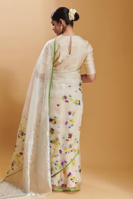 Shop_Surmaye_White Organza, Silk Embroidery Pansy Bloom Jamdani Woven Saree _at_Aza_Fashions