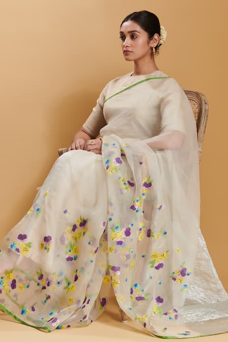 Shop_Surmaye_White Organza, Silk Embroidery Pansy Bloom Jamdani Woven Saree _Online_at_Aza_Fashions