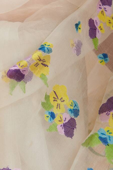 Buy_Surmaye_White Organza, Silk Embroidery Pansy Bloom Jamdani Woven Saree 