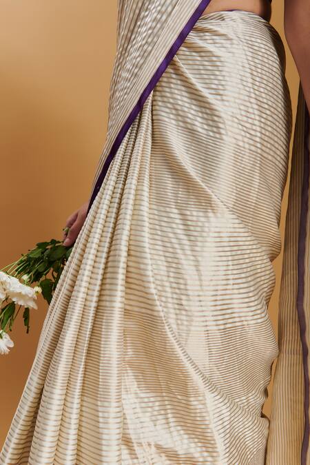 Shop_Surmaye_Ivory Silk Satin Stripe Pattern Handwoven Rippled Saree _Online_at_Aza_Fashions